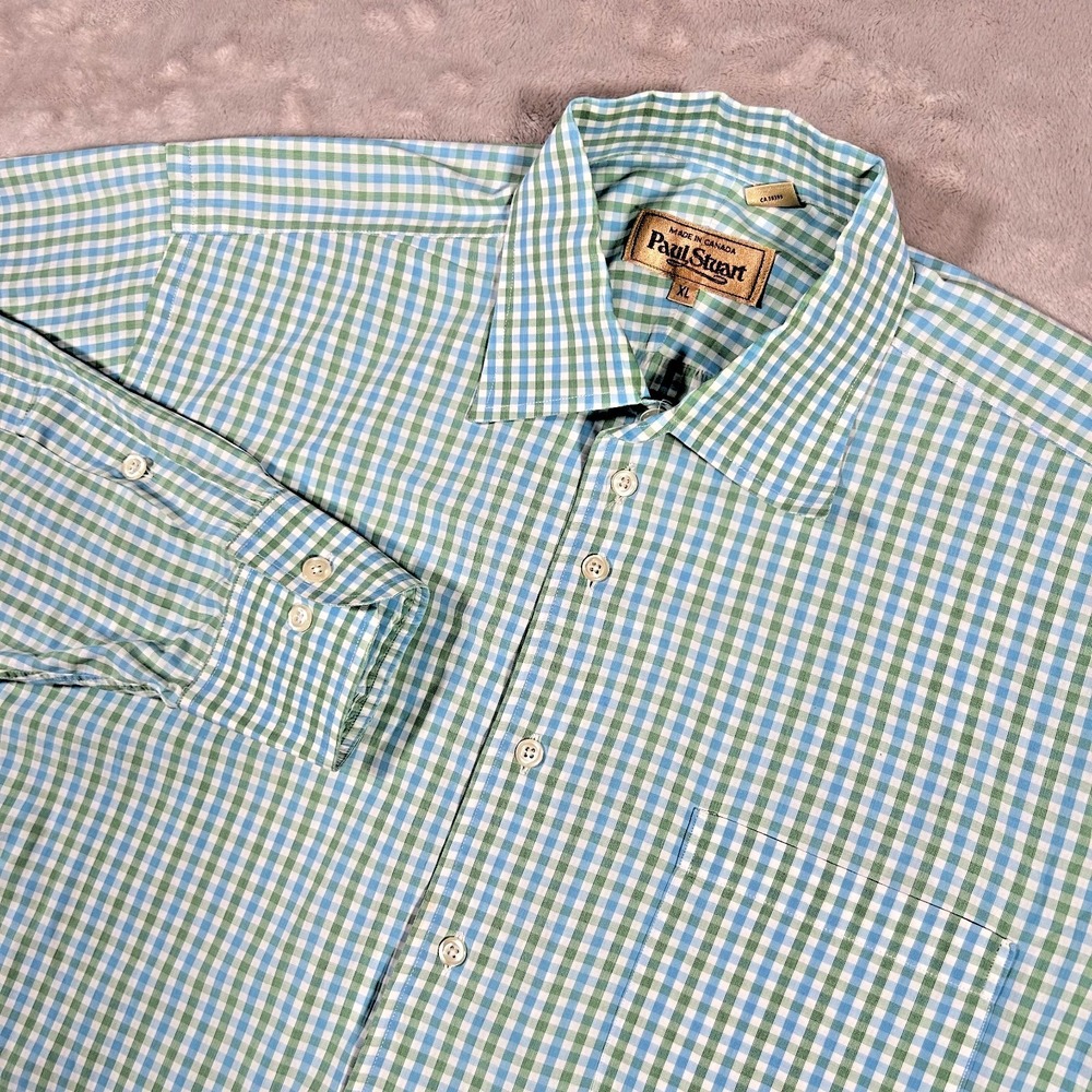VTG Paul Stuart Shirt Mens XL Green Blue Gingham Check Cotton Made in Canada
